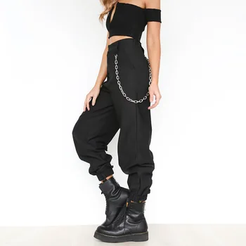 Bikses Sievietēm tīrtoņa Krāsu Zaudēt Elastīgas Kabatas Kravas Bikses Bikses ar Ķēdes Vaļīgas Bikses Hip Pop Bikses Streetwear