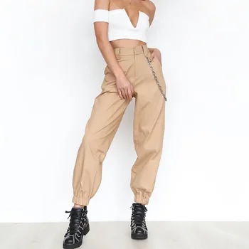 Bikses Sievietēm tīrtoņa Krāsu Zaudēt Elastīgas Kabatas Kravas Bikses Bikses ar Ķēdes Vaļīgas Bikses Hip Pop Bikses Streetwear