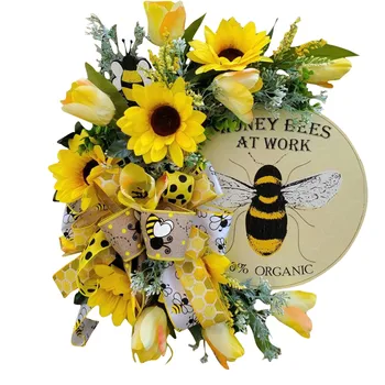 Bišu Saulespuķu Vainags Mākslīgā Vainags Laipni Pazīmes, Dārza Dekorēšana Simulācijas Sienas Vainags Mājās Pavasara Kāzu Dekorēšana