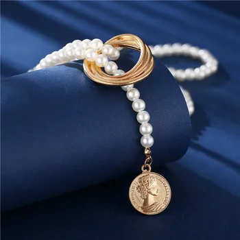 Bohemian Kārtojumu Imitētu Pērļu Kaklarota Sievietēm Vintage Zelta Krāsā Medaljons Portreta Monētas Kulons Apļa Ķēde Sānslīdi Kaklasaite Rotaslietas