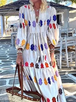 Boho Kleitas Ir 2021. Jaunu Vintage Floral Print Kleita Elegants Sieviešu V Kakla Ilgi Modes Puse Kleita Vasaras Īsām Piedurknēm Zaudēt Vestido