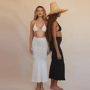 BOOFEENAA Sexy Beach Brīvdienas Maxi Kleita Komplekti Trikotāžas Bikini Top, Gari Svārki 2 Gabals Komplekti, Sieviešu Apģērbs Vasarā Ir 2021. C66-CA27