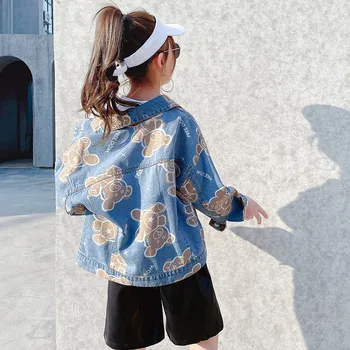 Bērniem Meiteņu mētelis Lācis Drukāt Lielizmēra Džinsa Jakas 8 10 12 gadiem 2021. gada Pavasarī Pusaudžu Meiteņu Apģērbs jakas