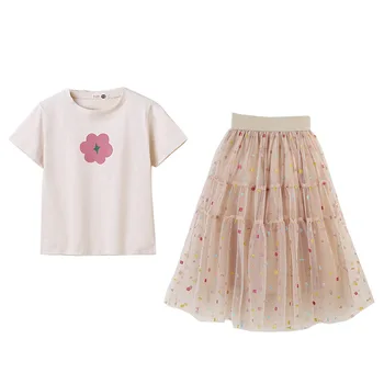 Bērniem Meiteņu Tērpiem Apģērbu Komplekti Bērniem Ziedu T-krekls vienkrāsainu Top+korejas Svārki, Kostīmi, Vasaras Meiteņu Drēbes 6 8 10 12 Gadu