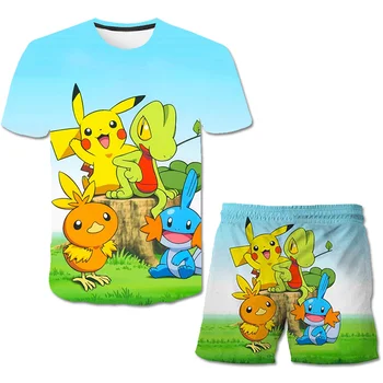 Bērniem Pikachu Streetwear Komplekti Bērnu Zēns Vasaras Apģērbu Harajuku Meitenes 3D T krekls+bikses Kopa Pokemon T Krekli Bērniem, Sporta Kostīmi