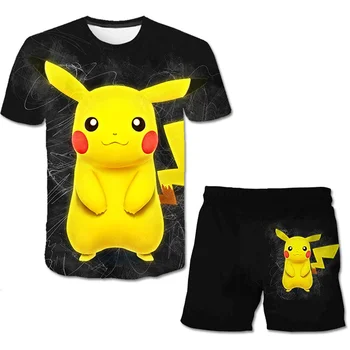 Bērniem Pikachu Streetwear Komplekti Bērnu Zēns Vasaras Apģērbu Harajuku Meitenes 3D T krekls+bikses Kopa Pokemon T Krekli Bērniem, Sporta Kostīmi