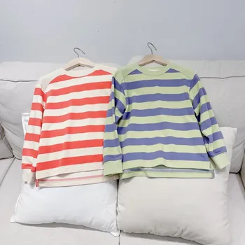 Bērniem topi Zēni un meitenes gadījuma svītrains T-krekls kokvilnas apaļu kakla džemperis pavasara zīdaiņu apģērbu
