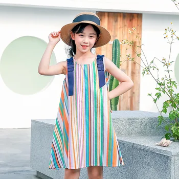 Bērniem Vasarā Svītrainām Piedurknēm Pludmales Kleita Jauns 2021 Teen Meitenēm, Korejiešu Stilā Princese Apģērbs Kokvilnas Gadījuma, #9441