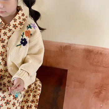 Bērnu Džemperis 2021. Gada Rudenī Jaunā korejiešu Meiteņu Izšuvumi, Ziedu Džemperis Jaka ar garām Piedurknēm Vienu Krūtīm, Jaciņa Mētelis
