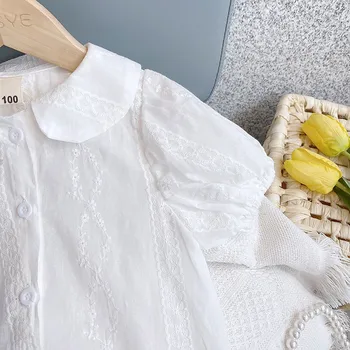 Bērnu krekls 2021. gada vasarā jaunā stila korejiešu meitene baltā lelle apkakle top girl bērnu īss piedurknēm krekls rūpnīcas tiešā pārdošana
