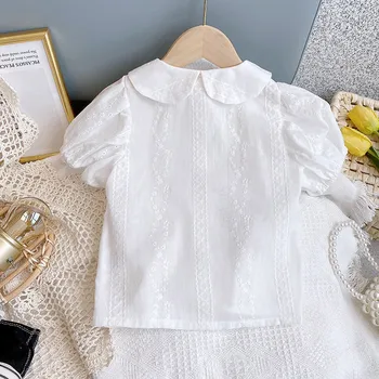 Bērnu krekls 2021. gada vasarā jaunā stila korejiešu meitene baltā lelle apkakle top girl bērnu īss piedurknēm krekls rūpnīcas tiešā pārdošana