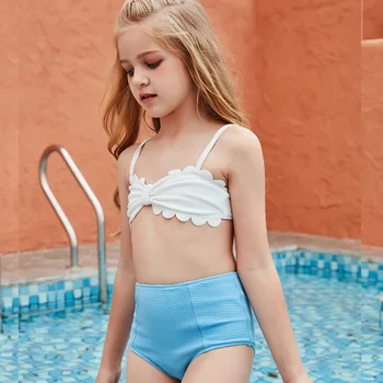 Bērnu Peldkostīmi, Divas Gabals Cietā Peldkostīms Meitenēm 2021. Gada Vasarā Bikini Komplekti Bērniem Peldkostīmu Cietā Augsta Vidukļa Peldkostīmi
