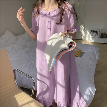 CBAFU tīra marles kokvilnas elpojoši sieviešu nightgowns peter pan apkakli, īsām piedurknēm vasaras nakts kleita sleepwear 8 krāsu N033