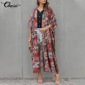 Celmia Vasaras Kimono Sievietes Ir 2021. Bohēmijas Iespiesti Beach Jaciņa, Krekls Vintage Open Priekšējā Pusē Piedurknēm Blūze Siksnas Cover-up