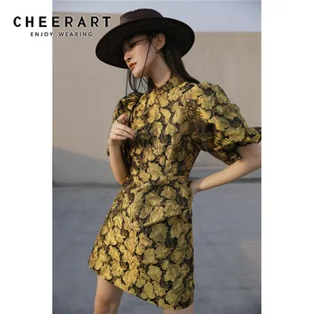 CHEERART Zelta Puff Piedurknēm Cheongsam Kleita Pavasara Vasaras 2021 Sieviešu Modes Īsām Piedurknēm Līnija, Ziedu Tunika Mini Eleganta Kleita