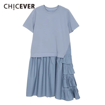 CHICEVER Raibs tērps Sievietēm O Apkakli, Īsām Piedurknēm Mini Hit Krāsu Ruched Kleitas, Sieviešu Apģērbi 2021. Gada Vasaras Modes Stils