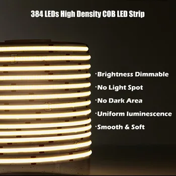 COB LED Strip Gaismas 384 Led Augsta Blīvuma Elastīgu FOB Gaismas RA90 Silts Dabas Balts Zils Sarkans Lineāro Aptumšojami DC12V 24V 8mm