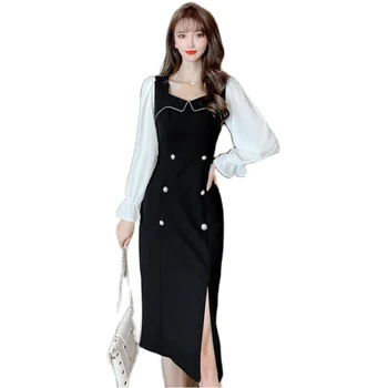 COIGARSAM Vintage Daudzām Sievietēm viengabala kleita korejiešu Jaunā Pavasara Pilnu Piedurknēm Laukumā Apkakles Kleitas Black 1368