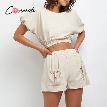 Conmoto Cēloņu cietā veļa kabatas, divas gabals uzvalks Vasaras elastīgs viduklis atpūtas īss komplekti Atpakaļ mežģīnes up v-veida kakla modes sieviete komplekti