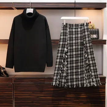 Couture rudens/ziemas adīšanas džemperis tīkla svārki liels metri divdaļīga apģērbs pleds svārki, džemperi melns džemperis lielo izmēru