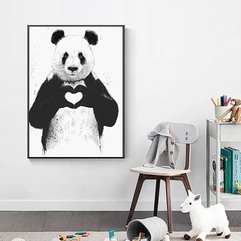 Cute Dzīvnieku Panda Sirds Žests Boksa Kanvas Glezna Plakāti un Izdrukas Sienas Mākslas Pirmsskolas Attēla Bērnu Istabas Mājas Dekoru
