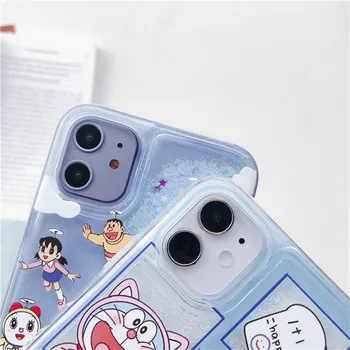 Cute Karikatūra Anime Doraemon plūstošās smiltis Tālrunis Lietā Par iPhone 12 12Mini 11 Pro XS Max SE XR 7 8 Plus Mirdzēt Dinamisko Šķidro Vāciņu