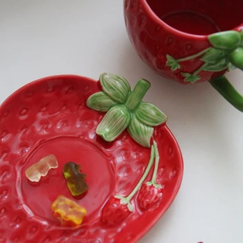 Cute Sarkans Zemeņu Keramikas Krūze Kafijas Tasi Ar Paplāti Piena Krūzes Tējas Tase