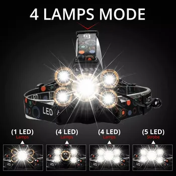 D2 Lukturu Spēcīgs LED lukturis iekasējams indukcijas 5LED T6 Vadītājs LampTorch galvas gaismas 18650 akumulatoru Labākais Kempings zvejas
