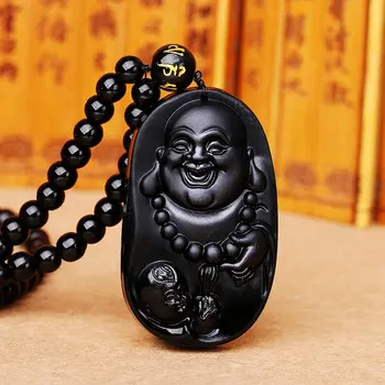 Dabas Black Obsidian 3D Cirsts Budas Labvēlīgs, Ķēdes Kulons Laimīgs Amuletu, Kaklarota, Kuloni, Sievietēm, Vīriešiem, Modes Rotaslietas