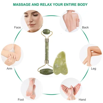 Dabas Jade Rullīšu Plānas Sejas Massager izcelšanas Instrumenti Slim Sejas Gua Sha Zaļš Akmens Anti-novecošanās Rieva Ādas Skaistuma Kopšanas Komplekts Kastē