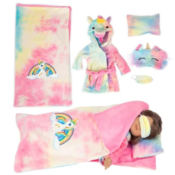D&B Gudrs Unicorn Lelle Drēbes Pidžamu guļammaisi, Spilveni Acu Maskas 7-Komplekti 18 Collu 43cm Jauns Bērnu Lelles Apģērba