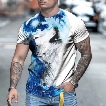 Debesis balts Vilks Dzīvnieku Modelis ar Īsām Piedurknēm Modes Elpojošs Apaļu Kakla Hip Hop Vīriešu t-veida Topi Dzīvnieku 3D Modeli Iespiests T-Krekls