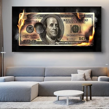 Dedzināšana Dolāru Mūsdienīgu Mākslas Audekls Gleznošanai Iedvesmo Plakāti Un Izdrukas Radošo 100 Dolāru Attēlu Dzīvojamās Istabas Sienas Dekors
