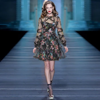 DIDACHARM Augstas Kvalitātes Dizaineru Modes 2021. Gada Pavasarī Jaunu Sieviešu Vintage Elegants ar garām Piedurknēm Drukāts Acs Gadījuma Puse Mini Kleita