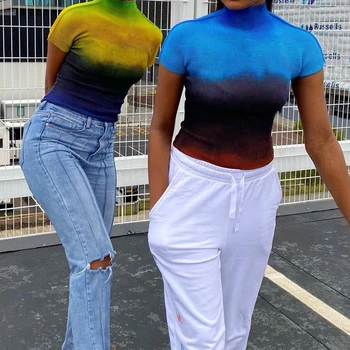 DISEYAR Tie Krāsošanas augstu uzrullētu apkakli Y2K T-krekli Ar Īsām Piedurknēm Sexy Sieviešu Top Sieviete Gadījuma Strreetwear Apģērbs Vasaras Apģērbs ir 2021.