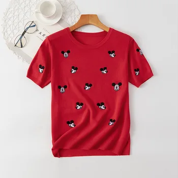 Disney Mickey Īsām Piedurknēm T-krekls Sievietēm Karikatūra Rakstu Izšūšana Zemāko Džemperis Trikotāžas Džemperis t-veida franču Stilā T Krekli