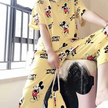 Disney Vasaras Sieviešu Nightdress Mickey Minnie Drukāt Korejas Zaudēt Īsām Piedurknēm Apgriezts Bikses Sweet Gadījuma Pajama Meitene Sleepwear