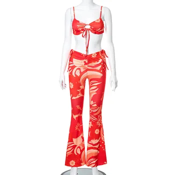 Divas Gabals, kas Camis Topi Vintage Ziedu Drukāt Y2K 90s Bikses Sievietēm Estētisko korejas Ruched Izlīdzināšanu Bikses Ir 2021. Streetwear Modes