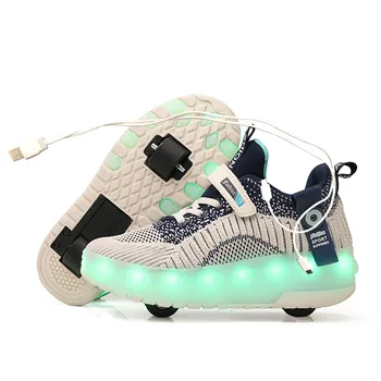 Divi Baltie LED usb uzlādes veltņa kurpes Zilā, Rozā iedegties gaismas čības ar riteņiem bērniem veltņi skate kurpes zēnam meitenes