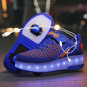 Divi Baltie LED usb uzlādes veltņa kurpes Zilā, Rozā iedegties gaismas čības ar riteņiem bērniem veltņi skate kurpes zēnam meitenes