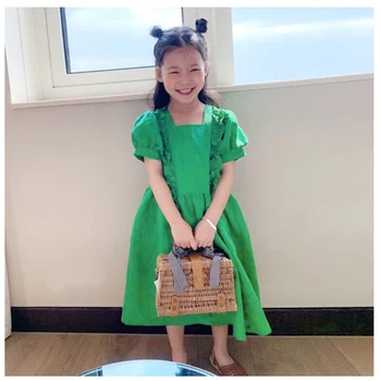 Dizainers Meitene Zaļās Partijas Kleitas Vasaras Modes Puses Parādīt, Zīdaiņu Apģērbs Laukumā Apkakles Elegants Pusaudžu Meiteņu Kleita