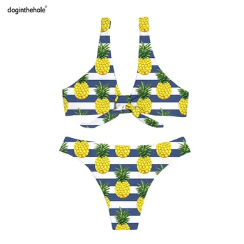 Doginthehole Pasūtījuma Dizains Sievietes Bikini Peldkostīmu Mežģīnes Up Karikatūra Ananāsu Drukāt Sieviešu Pludmales Peldvietu Uzstādīt Peldkostīmi Biquinis