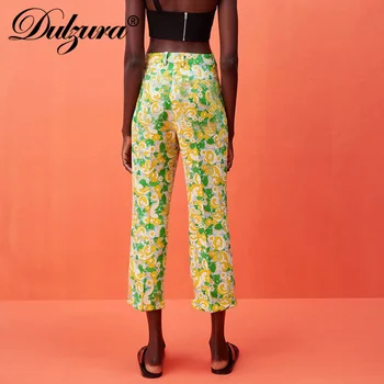 Dulzura Ziedu Drukāt Augstā Vidukļa Plaša Kāju Bikses Taisni Streetwear Gadījuma Bikses Modes Y2K Sievietes Ir 2021. Vasaras Apģērbu Gruntis