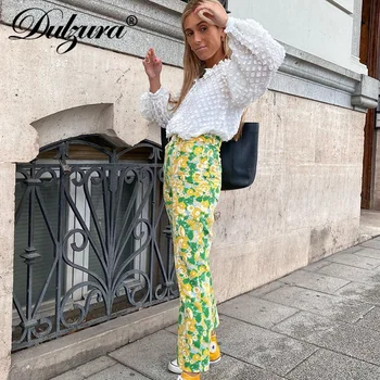 Dulzura Ziedu Drukāt Augstā Vidukļa Plaša Kāju Bikses Taisni Streetwear Gadījuma Bikses Modes Y2K Sievietes Ir 2021. Vasaras Apģērbu Gruntis