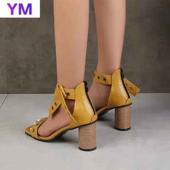 Dzeltena Gladiatoru Sandales Vasarā Biroja Augstpapēžu Kurpes Sievieti Sprādzes Siksniņu Sandales Solid Plus Lieluma 35-43 Zapatos Mujer De Tacon