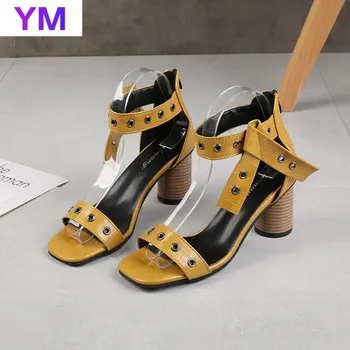 Dzeltena Gladiatoru Sandales Vasarā Biroja Augstpapēžu Kurpes Sievieti Sprādzes Siksniņu Sandales Solid Plus Lieluma 35-43 Zapatos Mujer De Tacon