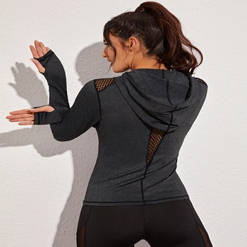 Dāmu sporta krekls ar garām piedurknēm jogas bezšuvju izmantot krekls īkšķa caurumu kapuci darbojas krekls dāmas kapuci garām piedurknēm augšu