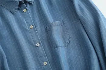 Džinsa sieviešu svītrainām krekls savukārt apkakle ar garām piedurknēm džinsa krekls blūze streetwear ikdienas krekls top