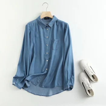 Džinsa sieviešu svītrainām krekls savukārt apkakle ar garām piedurknēm džinsa krekls blūze streetwear ikdienas krekls top
