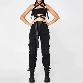 Džinsi Modes Sieviešu Solid Black Atdzist Ielas Stila Kabatām Gadījuma Dienas Savvaļas Bikses Bikses Vaļīgas Populārs Moderns Bikses Sievietēm